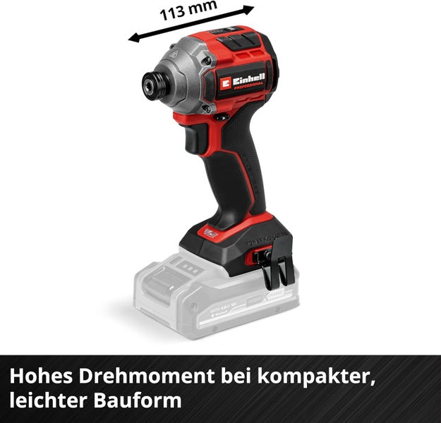 Einhell Professional Akku-Schlagschrauber mit 113 Millimetern Kopflänge für hohes Drehmoment in kompakter Bauform. Einhell Logo.
