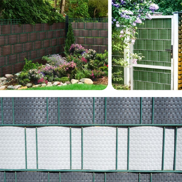 Sichtschutzstreifen in Rattan-Optik für Doppelstabmattenzäune im Garten und an einem Gartentor.