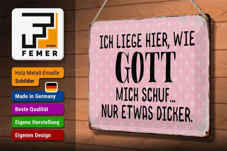 Blechschild Spruch 30x20cm liege hier wie Gott mich schuf