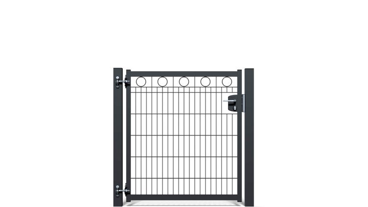 Zauntür ZAUNGURU BASIC-Linie Berlin Kreis aus Metall, Höhe: 123cm, Breite: 123cm, 1-flügelig inkl. Pfosten, Schloss und Zubehör, Feuerverzinkt und zusätzlich in RAL 7016 Anthrazitgrau pulverbeschichtet