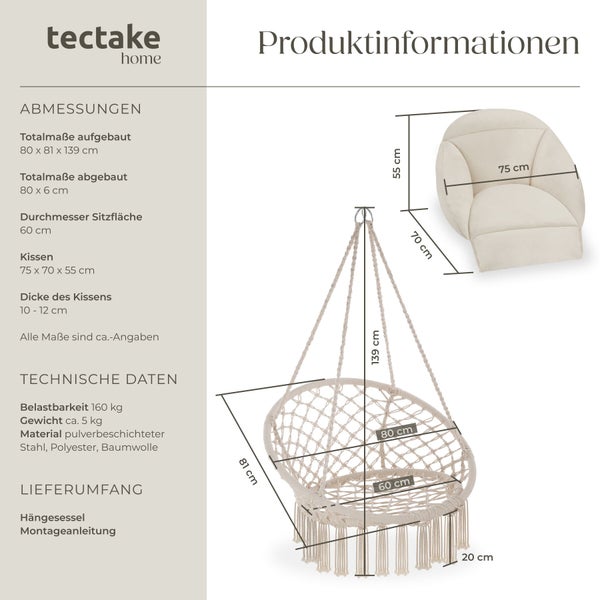 Produktdatenblatt für tectake home Hängesessel mit Abmessungen: Gesamtmaß 80 mal 81 mal 139 Zentimeter und Tragkraft 160 Kilogramm.