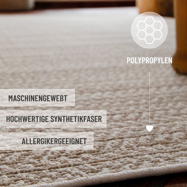 Nahaufnahme eines maschinengewebten Teppichs aus Polypropylen, geeignet für Allergiker und aus hochwertiger Synthetikfaser.
