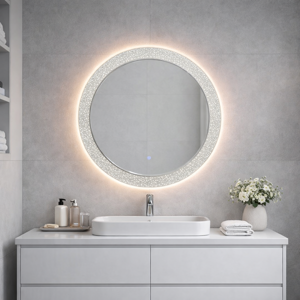 Moderner runder Badezimmerspiegel mit LED-Beleuchtung und dekorativem Rand über einem weißen Waschtisch mit Aufsatzbecken.