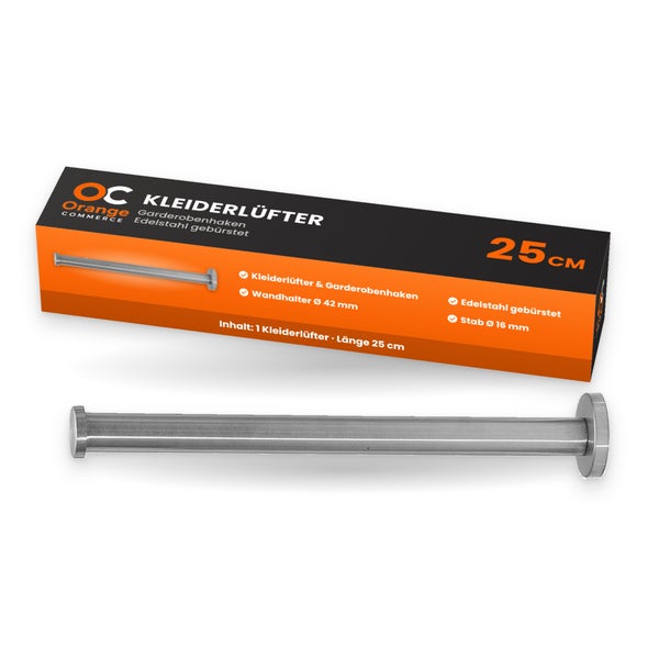 Kleiderlüfter aus gebürstetem Edelstahl mit einer Länge von 25 Zentimetern, inklusive Verpackung mit Produktinformationen von Orange Commerce.