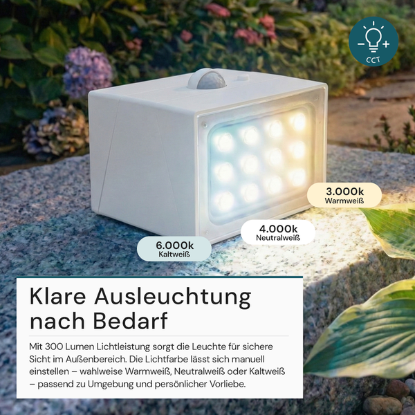 LED-Außenleuchte mit Bewegungsmelder und manuell einstellbarer Farbtemperatur von 3000 Kelvin bis 6000 Kelvin im Garten.