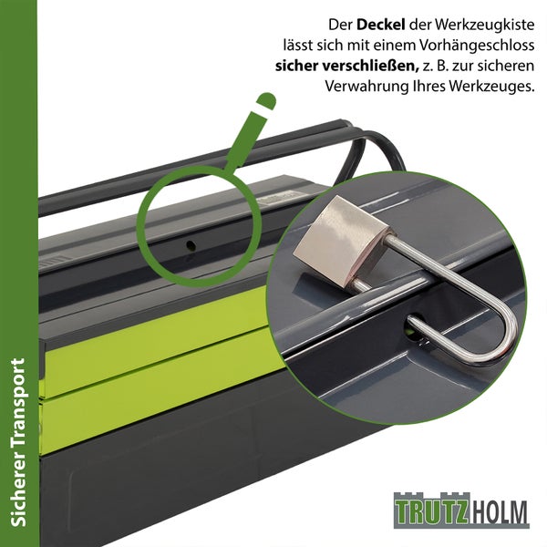Werkzeugkiste mit der Möglichkeit ein Vorhängeschloss anzubringen für den sicheren Transport