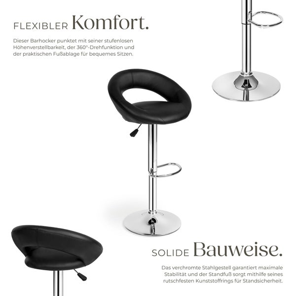 Höhenverstellbarer Barhocker mit 360 Grad Drehfunktion, schwarzem Kunstledersitz, verchromtem Stahlgestell und Fußstütze.