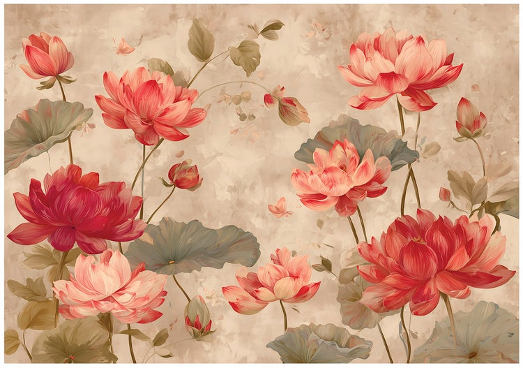 Gemälde mit rosa Lotusblumen und Blättern