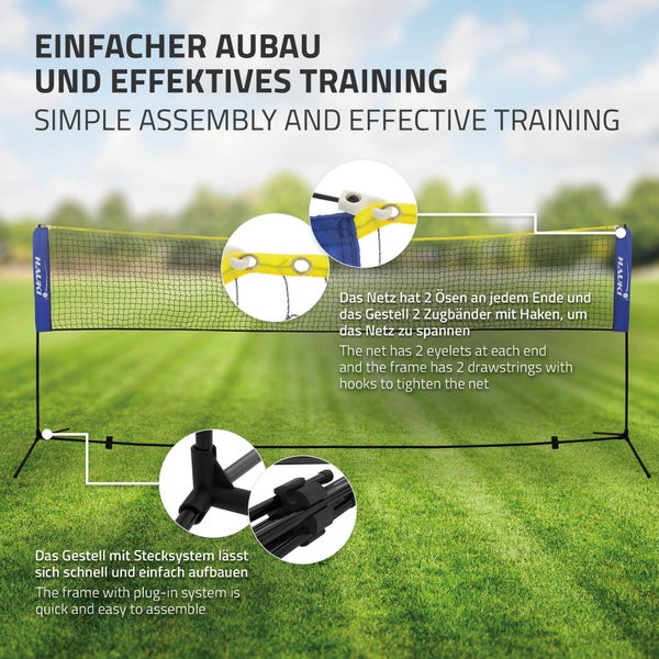 Hauki Badminton Netz, Tennisnetz 400 cm, Blau, H156 cm, Federballnetz Set inkl. 3x Federball, Transporttasche, stabilem Eisen-Gestell, Tragbares Volleyballnetz, Trainingsnetz Indoor & Outdoor, Garten