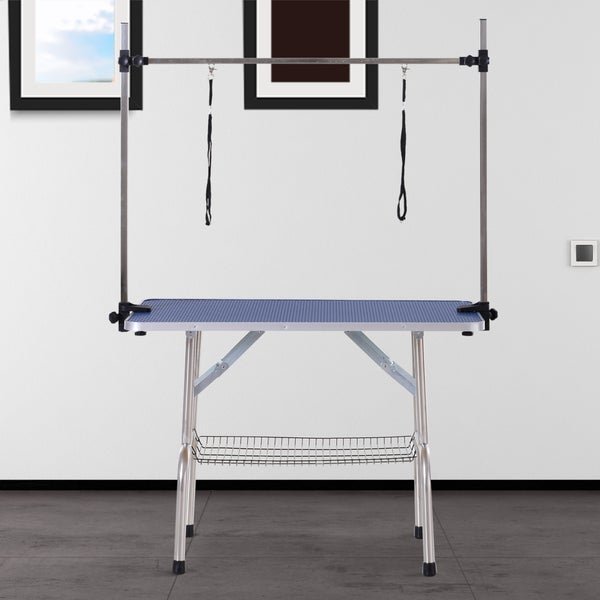 PawHut Trimmtisch Tierpflegetisch Schertisch Pflegetisch mit Unterkorb für Hunde höhenverstellbar klappbar Edelstahl Metall Blau 107 x 60 x 170 cm