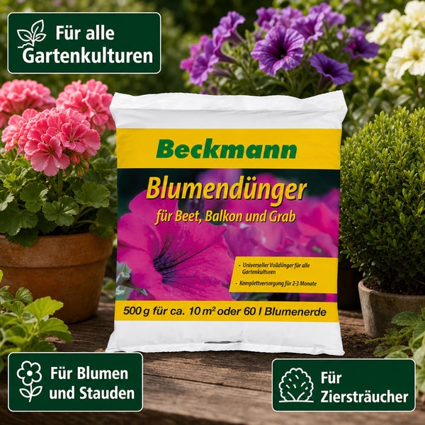 Beckmann Blumendünger für Beet Balkon und Grab 500 Gramm für die schonende Nährstoffversorgung von Pflanzen mit Magnesium