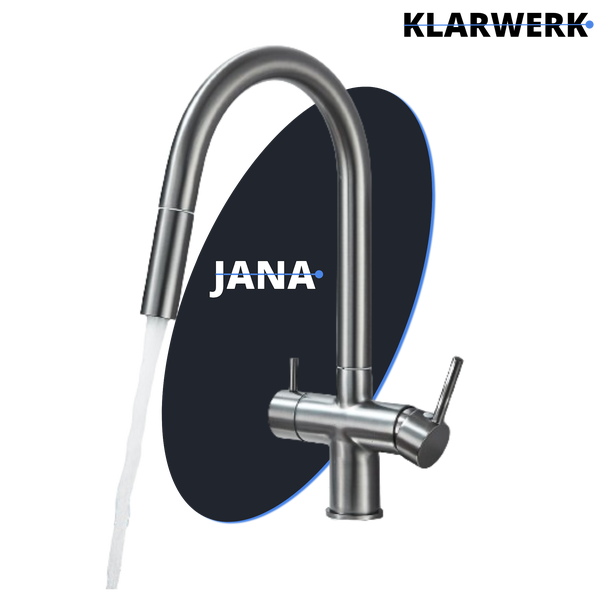 Küchenarmatur JANA aus Edelstahl mit hohem Auslauf und fließendem Wasserstrahl.