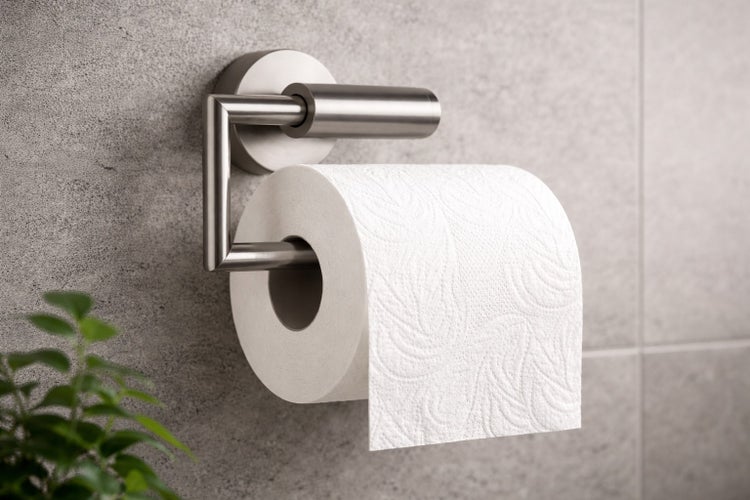 Wandmontierter Toilettenpapierhalter aus mattem Metall mit einer Rolle weißem Toilettenpapier.