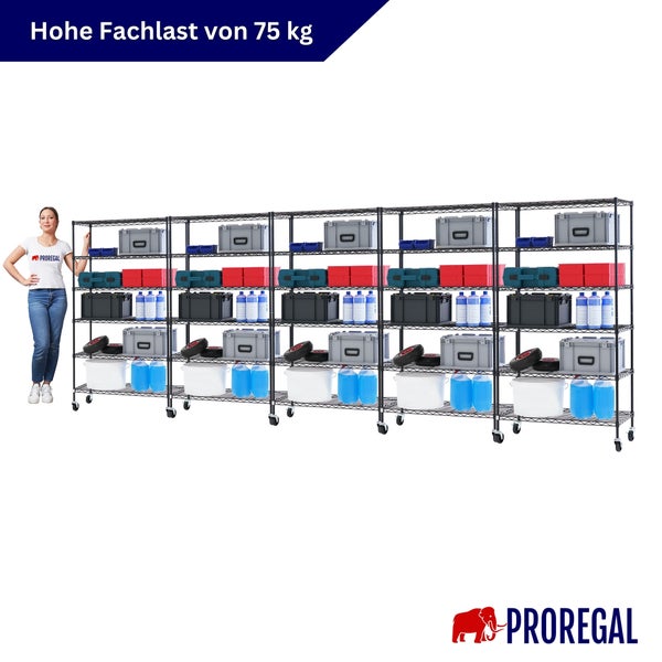 Fünfteiliges schwarzes Metallregal auf Rollen mit Lagerboxen und Kanistern beladen, Fachlast 75 Kilogramm, Proregal Logo.