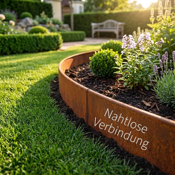 Rostige Rasenkante aus Metall zur Beeteinfassung in einem gepflegten Garten mit nahtloser Verbindung