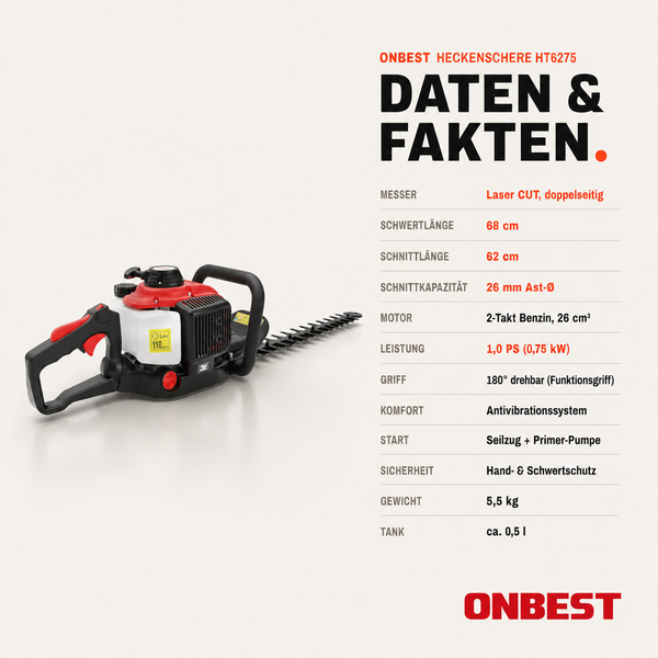 Benzin-Heckenschere ONBEST HT6275: 62 Zentimeter Schnittlänge, 1,0 Pferdestärke, 180 Grad drehbarer Griff und 5,5 Kilogramm.