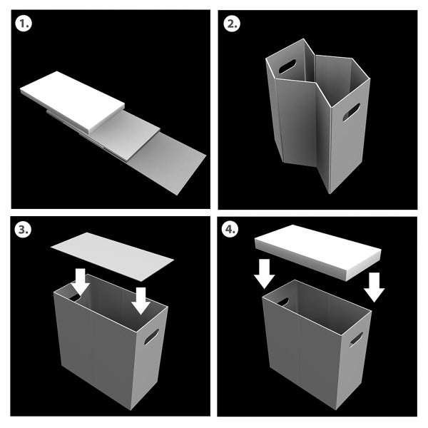 Aufbauanleitung für eine faltbare Aufbewahrungsbox in vier Schritten: Auseinanderfalten, Aufstellen, Boden einlegen und Deckel aufsetzen.