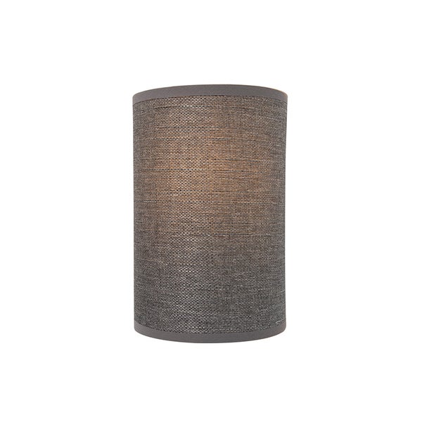Zylindrischer Lampenschirm aus grauem strukturiertem Textilgewebe.