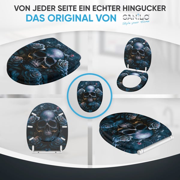 Sanilo Toilettensitz mit Totenkopf und Rosen Motiv in verschiedenen Ansichten zur Montage auf der Toilette.