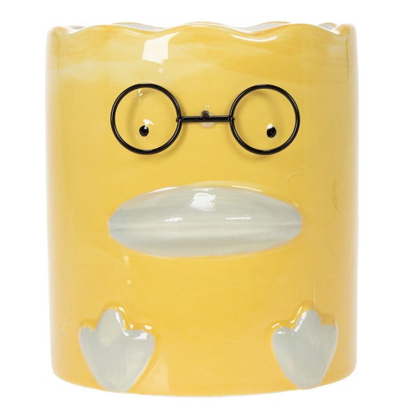 Gelber Blumentopf mit Entenmotiv und Brille