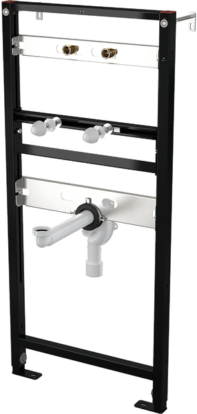 Waschtisch-Vorwandelement mit schwarzem Metallrahmen, Wasseranschlüssen und Siphon.