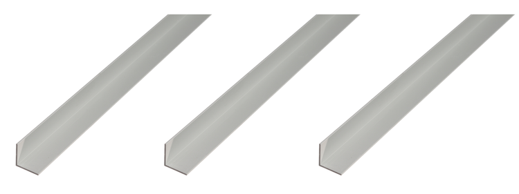 Drei Winkelprofile aus Aluminium zur Kantenabdeckung oder Stabilisierung.