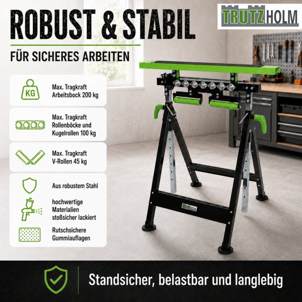 Trutzholm Logo. 3-in-1 Arbeitsbock aus Stahl mit Rollen-, Kugel- und V-Rollen, bis 200 Kilogramm, höhenverstellbar und klappbar in einer Werkstatt.