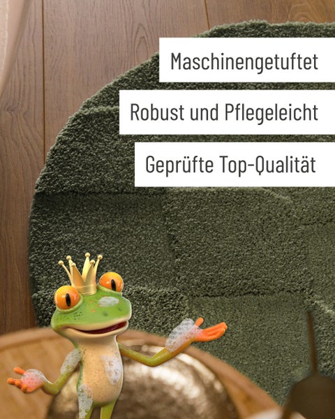 Maschinengetufteter Teppich, robust und pflegeleicht, geprüfte Top-Qualität mit Frosch-Illustration.