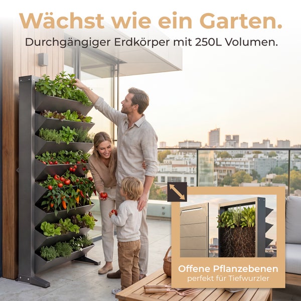 Familie erntet Gemüse an einem vertikalen Pflanzregal auf einem Balkon mit 250 Liter Volumen für tiefwurzelnde Pflanzen.