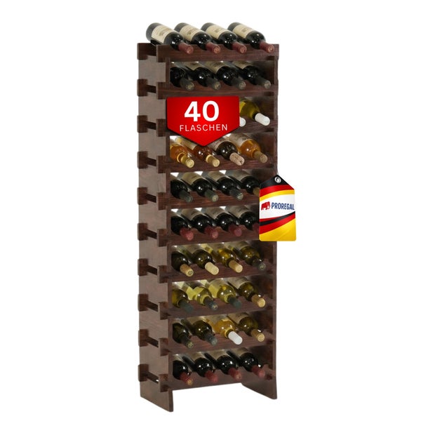 Weinregal aus dunklem Holz für 40 Flaschen, freistehend, mit zehn Ebenen für je vier Weinflaschen.