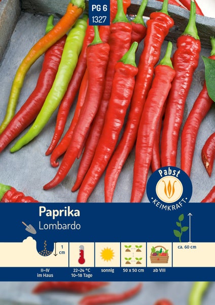 Pabst Keimkraft Logo. Samentüte für Paprika Lombardo mit Abbildung länglicher Paprika. Infos zu Pflanztiefe 1 Zentimeter und Wuchshöhe circa 60 Zentimeter.