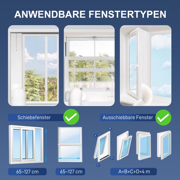 Geeignete Fenstertypen für Klimageräte-Fensterabdichtungen. Für Schiebefenster von 65 bis 127 Zentimeter und Fenster bis 4 Meter Umfang.