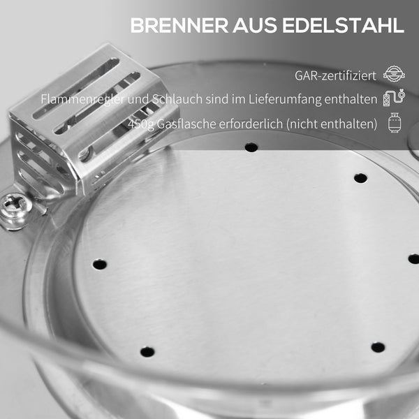 Outsunny Gas-Feuerschale10.000BTU, Tischfeuerschale im Betonoptik mit Glasperlen, Passend zum Regenschirmloch, für Outdoor, Ø 25,4 x 18,5 cm, Stein, Hellgrau