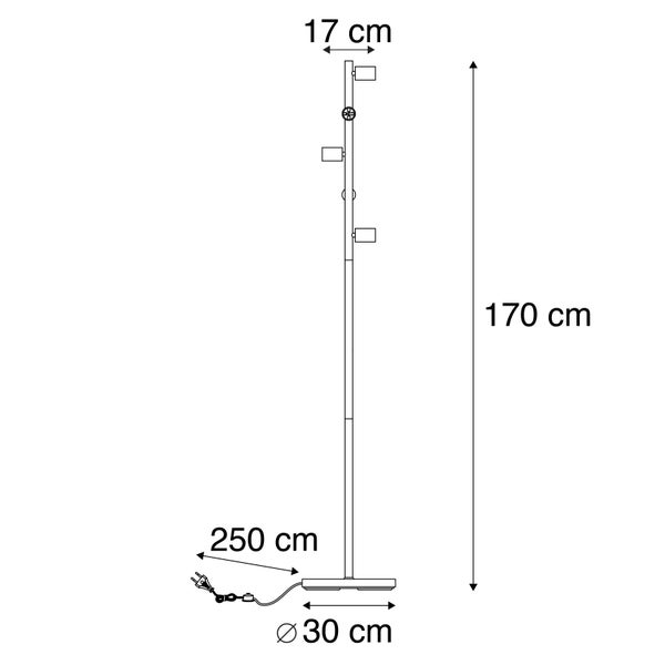Abbildung einer Stehlampe mit den Maßen: Höhe 170 cm, Lampenkopf 17 cm, Lampenfuß Durchmesser 30 cm, Kabellänge 250 cm.
