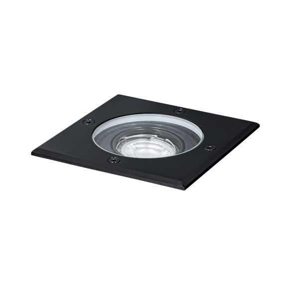 Quadratischer schwarzer Boden-Einbaustrahler aus Metall mit runder Glasabdeckung und vier Schrauben.