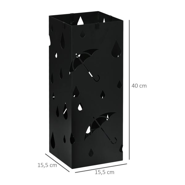 HOMCOM Regenschirmständer Schirmständer mit 4 Haken, Wasserauffangschale Regenschirmhalter für Flur, Regenschirme & Gehstöcke Stahl 15,5 x 15,5 x 40 cm Schwarz