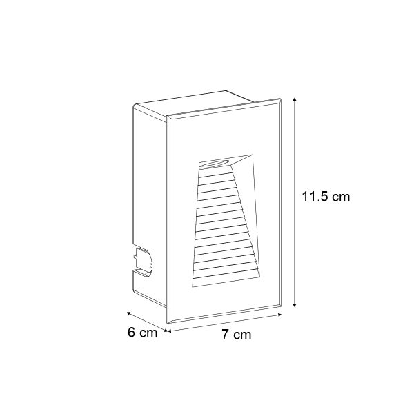 Technische Zeichnung einer Wandeinbauleuchte mit den Maßen 11,5 Zentimeter Höhe, 7 Zentimeter Breite und 6 Zentimeter Tiefe.