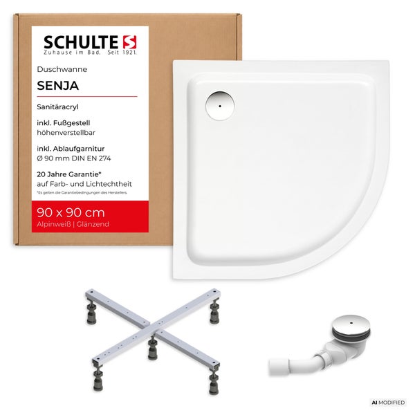 Schulte Senja Viertelkreis Duschwanne aus Sanitäracryl in 90 mal 90 Zentimeter inklusive höhenverstellbarem Fußgestell und Ablaufgarnitur