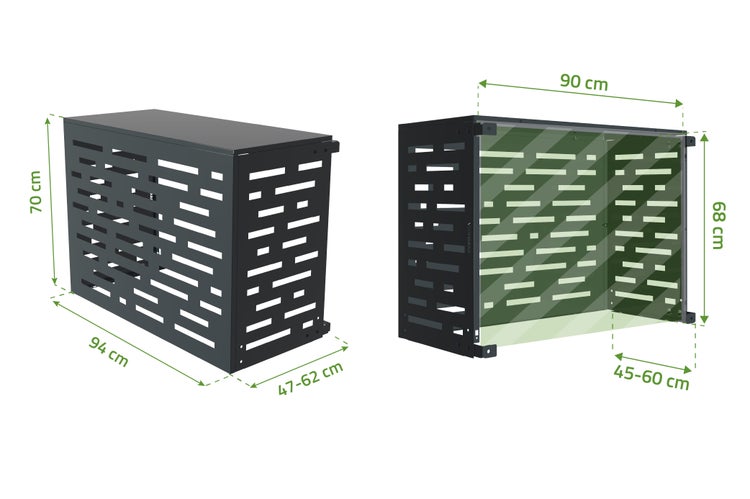 Abdeckung für Klimaanlage mit den Maßen 70 cm Höhe, 94 cm Breite und 47 bis 62 cm Tiefe