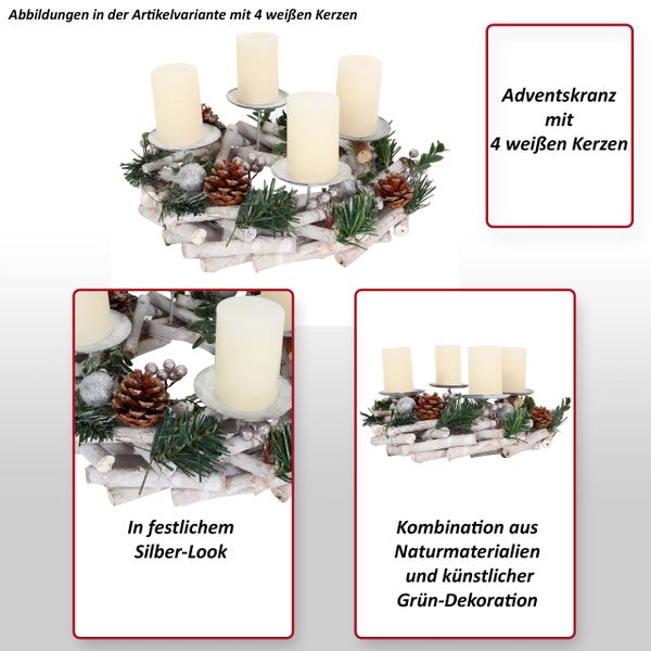 Adventskranz mit vier weißen Kerzen, Naturmaterialien und grüner Dekoration