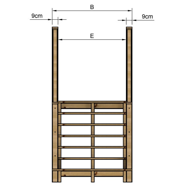 Technische Zeichnung eines Holzregals mit Maßangaben