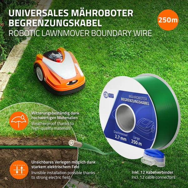 ECD Germany 250m Universal Begrenzungskabel für Mähroboter, 12 Kabelverbinder, Ø2,7mm, Kupfer verzinnt, Begrenzungsdraht für Rasenmäher Rasenroboter, Kompatibel mit Gardena Bosch Husqvarna Worx Honda