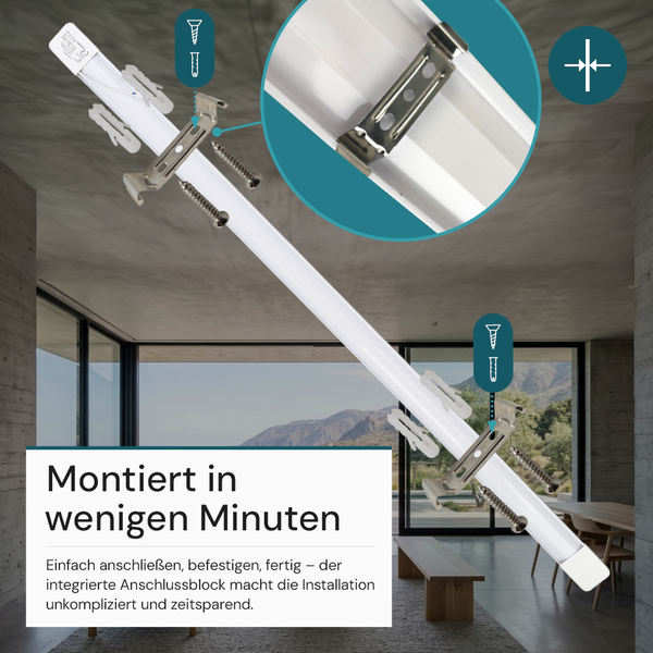 Flache LED Lichtleiste mit Montagezubehör wie Halterungen, Schrauben und Dübeln für eine schnelle Installation in einem modernen Wohnraum.