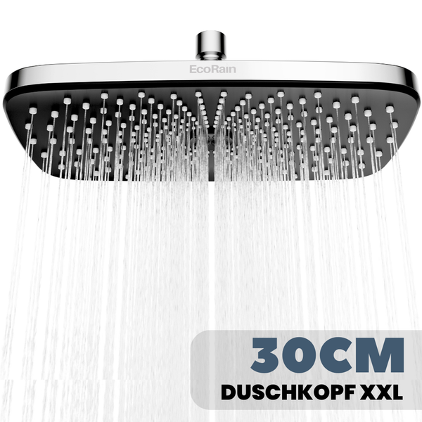 EcoRain 30% Wassersparender Regenduschkopf Melvin 30 CM mit Wand-Duscharm und Schlauchanschluss - Hoher Wasserdruck - Universeller Anschluss - Anti-Kalk Duschkopf - Schwarz