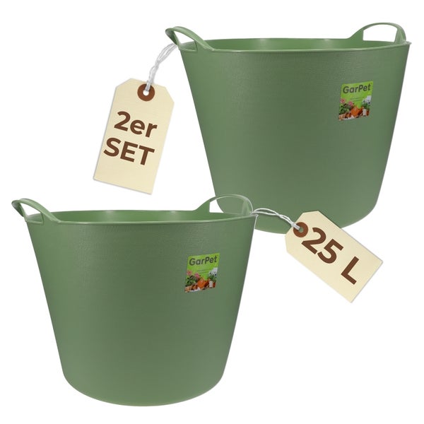 Zwei grüne Mörtelkübel als Set mit 25 Liter Fassungsvermögen