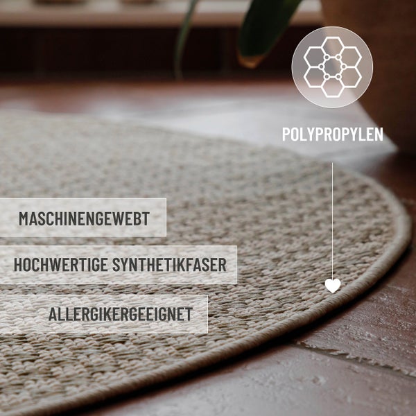 Maschinengewebter Teppich aus Polypropylen und hochwertiger Synthetikfaser, für Allergiker geeignet.