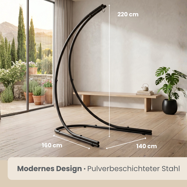 Freistehendes Hängesesselgestell aus pulverbeschichtetem Stahl mit den Maßen 220 mal 160 mal 140 Zentimeter für modernes Wohnambiente.