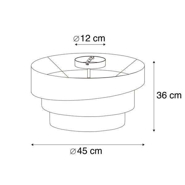 Maßskizze einer mehrstufigen Deckenleuchte mit einem Durchmesser von 45 Zentimetern, einer Höhe von 36 Zentimetern und einem Baldachin von 12 Zentimetern.