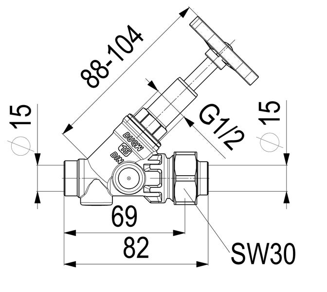 Technische Zeichnung eines Freistromventils mit detaillierten Maßangaben in Millimetern und Gewindegröße G 1/2.
