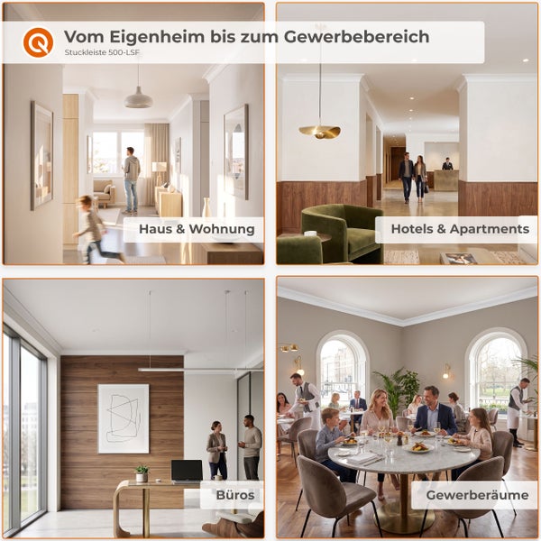 Stuckleiste 500-LSF in verschiedenen Innenräumen wie Wohnungen, Hotels, Büros und Gastronomiebereichen für eine elegante Wandgestaltung.